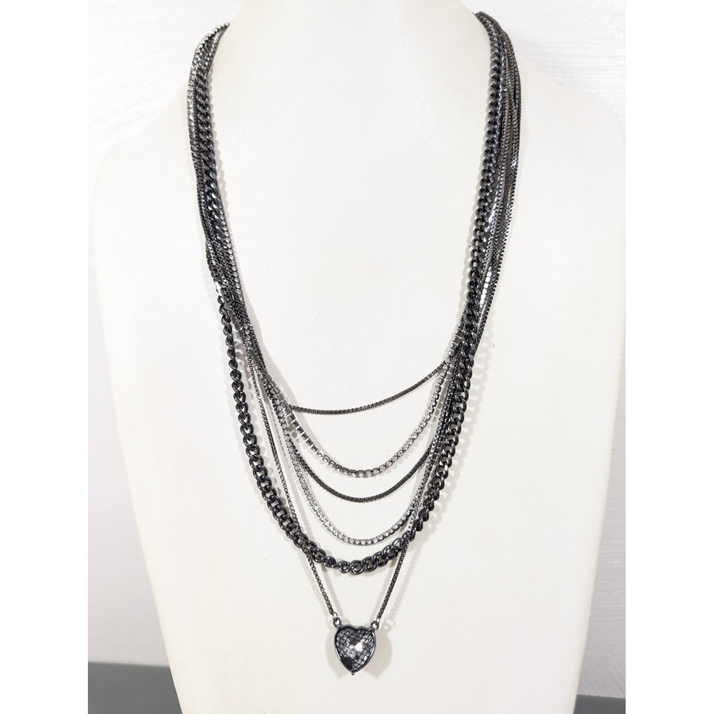 Gray Multi Chain Necklace 24" Metallic Whimsigoth Layered Heart Charm‎ Lace